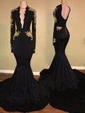 Trumpet/Mermaid Long Sleeves V-neck Sweep/Brush Train Applique Spandex Dresses TPP0001647