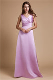 A-Line/Princess V-neck Long Sleeveless Elastic Woven Satin Bridesmaid Dresses TPP0005409