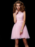 A-Line/Princess Scoop Beading Short Elastic Woven Satin Homecoming Dresses TPP0008736