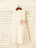 A-line/Princess Scoop Hand-made Flower Short Sleeves Tea-Length Lace Flower Girl Dresses TPP0007819