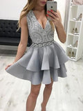 A-Line/Princess Satin Applique V-neck Sleeveless Short/Mini Homecoming Dress TPP0003710