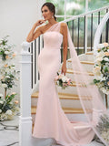 Sheath/Column Stretch Crepe Ruched One-Shoulder Sleeveless Sweep/Brush Train Bridesmaid Dresses TPP0004913