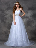 A-line/Princess Sweetheart Beading Sleeveless Long Satin Wedding Dresses TPP0006857