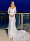 Sheath/Column Lace Off-the-Shoulder Long Sleeves Court Train Wedding Dresses TPP0006120