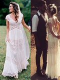 A-Line/Princess Lace V-neck Ruched Short Sleeves Floor-Length Wedding Dresses TPP0005893