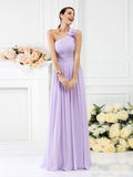 A-Line/Princess One-Shoulder Pleats Hand-Made Flower Sleeveless Long Chiffon Bridesmaid Dresses TPP0005131