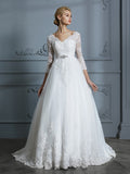 Ball Gown V-neck 3/4 Sleeves Court Train Lace Tulle Wedding Dresses TPP0006428