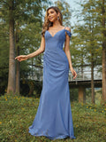 Sheath/Column Chiffon Ruched V-neck Sleeveless Floor-Length Bridesmaid Dresses TPP0005002