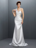 Trumpet/Mermaid One-Shoulder Beading Sleeveless Long Elastic Woven Satin Dresses TPP0003842