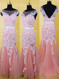 Trumpet/Mermaid Sleeveless Bateau Sweep/Brush Train Applique Tulle Dresses TPP0003748