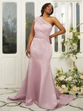 Sheath/Column Satin Lace One-Shoulder Sleeveless Sweep/Brush Train Bridesmaid Dresses TPP0004972