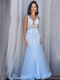 Trumpet/Mermaid Tulle V-neck Sleeveless Applique Floor-Length Dresses TPP0001554