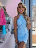 Sheath/Column Lace Beading Halter Sleeveless Short/Mini Homecoming Dresses TPP0008596