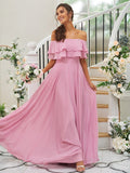 A-Line/Princess Chiffon Ruffles Off-the-Shoulder Sleeveless Floor-Length Bridesmaid Dresses TPP0004914