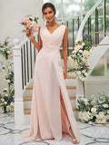 A-Line/Princess Chiffon Ruched V-neck Sleeveless Sweep/Brush Train Bridesmaid Dresses TPP0004916