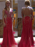 Trumpet/Mermaid V-neck Sleeveless Beading Sweep/Brush Train Tulle Plus Size Dresses TPP0003613