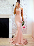 Trumpet/Mermaid Sleeveless Halter Sweep/Brush Train Lace Charmeuse Dresses TPP0002248