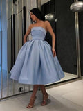 Ball Gown Satin Ruffles Strapless Sleeveless Tea-Length Homecoming Dresses TPP0008508