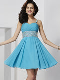 A-Line/Princess Spaghetti Straps Sleeveless Rhinestone Short Chiffon Homecoming Dresses TPP0008512