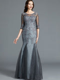 Sheath/Column Scoop Applique 1/2 Sleeves Tulle Floor-Length Mother of the Bride Dresses TPP0007147