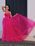 A-Line/Princess Tulle V-neck Ruched Sleeveless Sweep/Brush Train Dresses TPP0004756