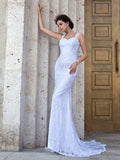 Sheath/Column Straps Lace Sleeveless Long Lace Wedding Dresses TPP0006731