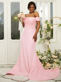 Sheath/Column Stretch Crepe Ruched Off-the-Shoulder Sleeveless Sweep/Brush Train Bridesmaid Dresses TPP0004974