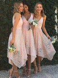 A-Line/Princess Sleeveless V-neck Asymmetrical Lace Bridesmaid Dresses TPP0005080