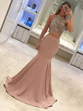 Trumpet/Mermaid Sleeveless High Neck Sweep/Brush Train Beading Satin Two Piece Dresses TPP0002402