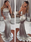 Trumpet/Mermaid Sleeveless Halter Sweep/Brush Train Beading Silk like Satin Dresses TPP0002835