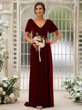 A-Line/Princess Velvet Ruched V-neck Short Sleeves Sweep/Brush Train Bridesmaid Dresses TPP0004940