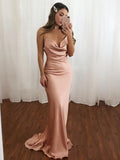 Sheath/Column Spaghetti Straps Satin Ruched Sleeveless Sweep/Brush Train Dresses TPP0001429