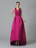 A-Line/Princess Straps Ruched Sleeveless High Low Satin Bridesmaid Dresses TPP0005525