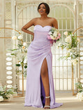 Sheath/Column Silk like Satin Ruched Sweetheart Sleeveless Sweep/Brush Train Bridesmaid Dresses TPP0005000