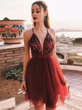 A-Line/Princess Tulle Sequin Spaghetti Straps Sleeveless Short/Mini Homecoming Dresses TPP0003959