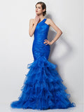 Trumpet/Mermaid One-Shoulder Sleeveless Pleats Long Tulle Dresses TPP0003478