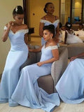 Sheath/Column Satin Off-the-Shoulder Beading Sleeveless Sweep/Brush Train Bridesmaid Dresses TPP0005290