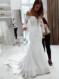 Trumpet/Mermaid Off-the-Shoulder Long Sleeves Court Train Lace Chiffon Wedding Dresses TPP0005997