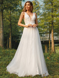 A-Line/Princess Tulle Applique V-neck Sleeveless Sweep/Brush Train Wedding Dresses TPP0006365