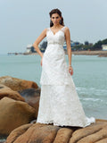 A-Line/Princess Straps Applique Sleeveless Long Satin Beach Wedding Dresses TPP0006835