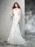 Sheath/Column Sheer Neck Lace Long Sleeves Long Net Wedding Dresses TPP0006518