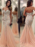 Trumpet/Mermaid Sweetheart Sleeveless Sweep/Brush Train Beading Tulle Dresses TPP0002111