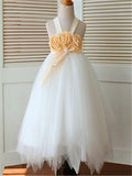 Ball Gown Sleeveless Straps Hand-made Flower Tea-Length Tulle Flower Girl Dresses TPP0007717