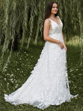 A-Line/Princess Sleeveless Organza V-neck Applique Sweep/Brush Train Wedding Dresses TPP0006149