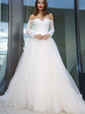 A-Line/Princess Long Sleeves Tulle Applique Off-the-Shoulder Court Train Wedding Dresses TPP0005989