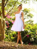 A-Line/Princess One-Shoulder Hand-Made Flower Sleeveless Short Chiffon Bridesmaid Dresses TPP0005319