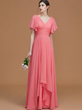 A-Line/Princess V-neck Short Sleeves Floor-Length Ruched Chiffon Bridesmaid Dresses TPP0005041