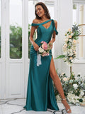 Sheath/Column Charmeuse Ruched Off-the-Shoulder Sleeveless Sweep/Brush Train Bridesmaid Dresses TPP0004898