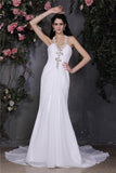 Sheath/Column Halter Sleeveless Beading Ruffles Long Chiffon Wedding Dresses TPP0006893