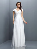 A-Line/Princess V-neck Pleats Short Sleeves Long Chiffon Bridesmaid Dresses TPP0005256